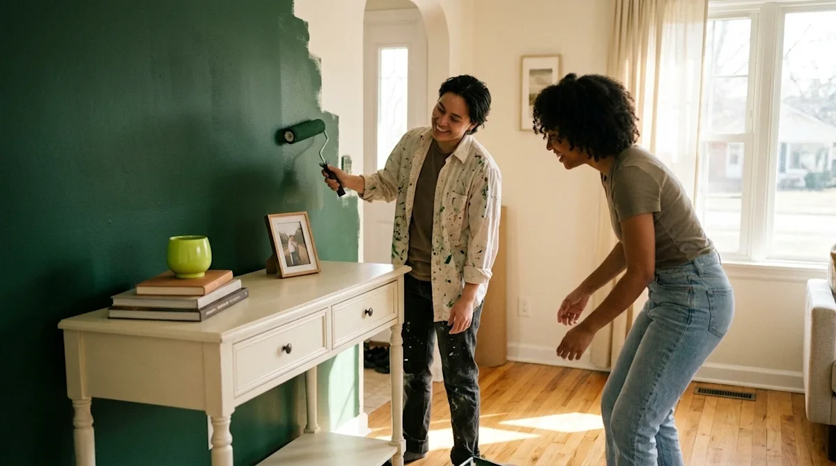 A candid, warm lifestyle photograph of a couple doing an inexpensive DIY home upgrade in a cozy, sunlit living room. One pers