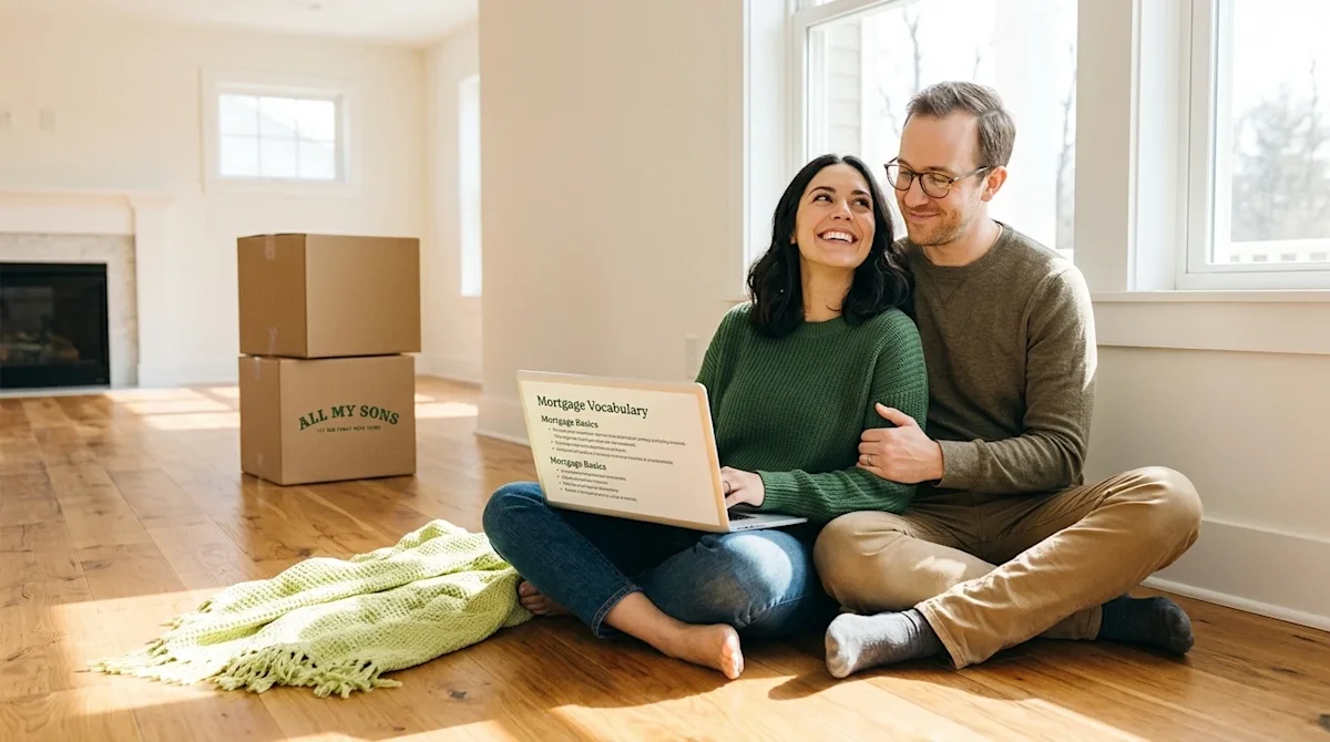 Professional lifestyle marketing photography of a smiling, relaxed couple sitting on the warm wood floor of a sunny, newly pu