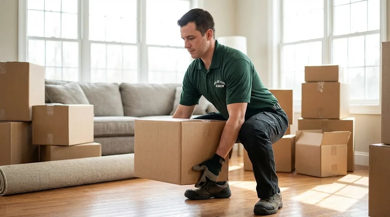 High-quality commercial photography of a professional mover demonstrating safe lifting techniques inside a bright, sunlit res