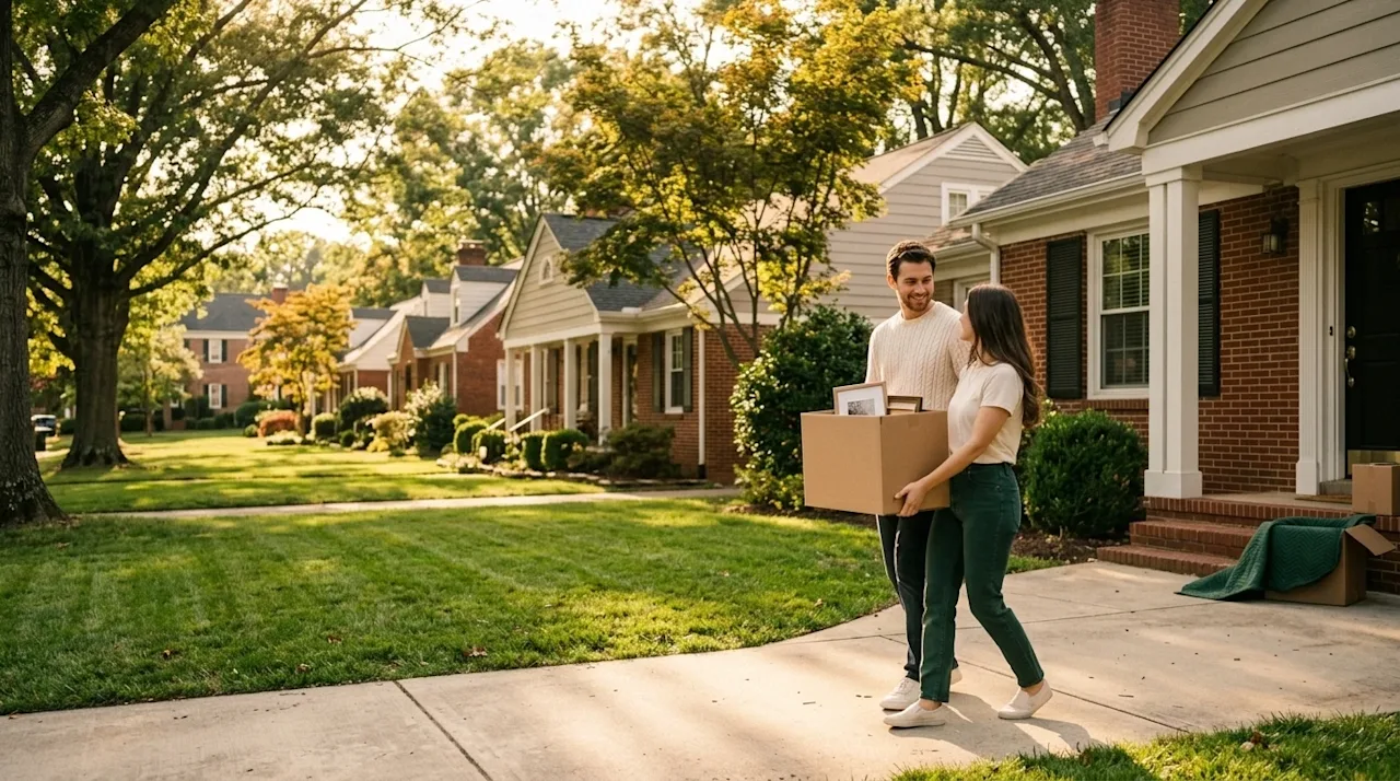 A warm, lifestyle photograph of a beautiful, tree-lined residential street in a charming Greensboro neighborhood, featuring c