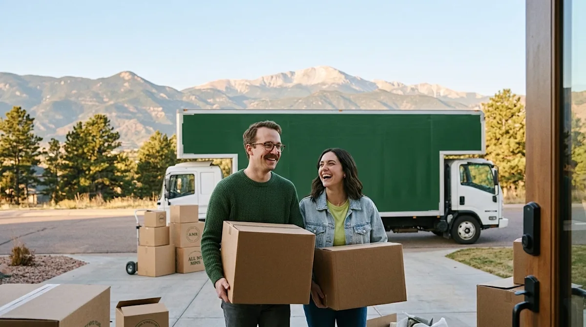Candid, warm 35mm film-style photography of a happy couple carrying brown cardboard moving boxes into a new home, with the ic