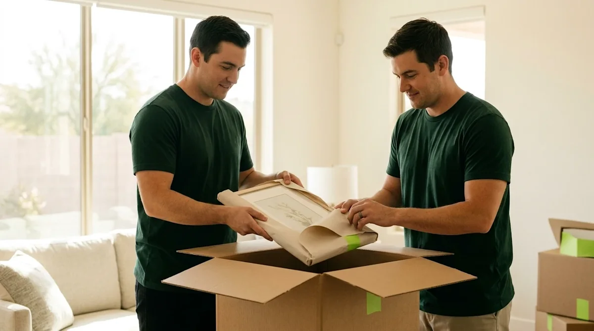 A high-quality, authentic lifestyle photograph of professional movers carefully packing belongings in a bright, sunlit home i