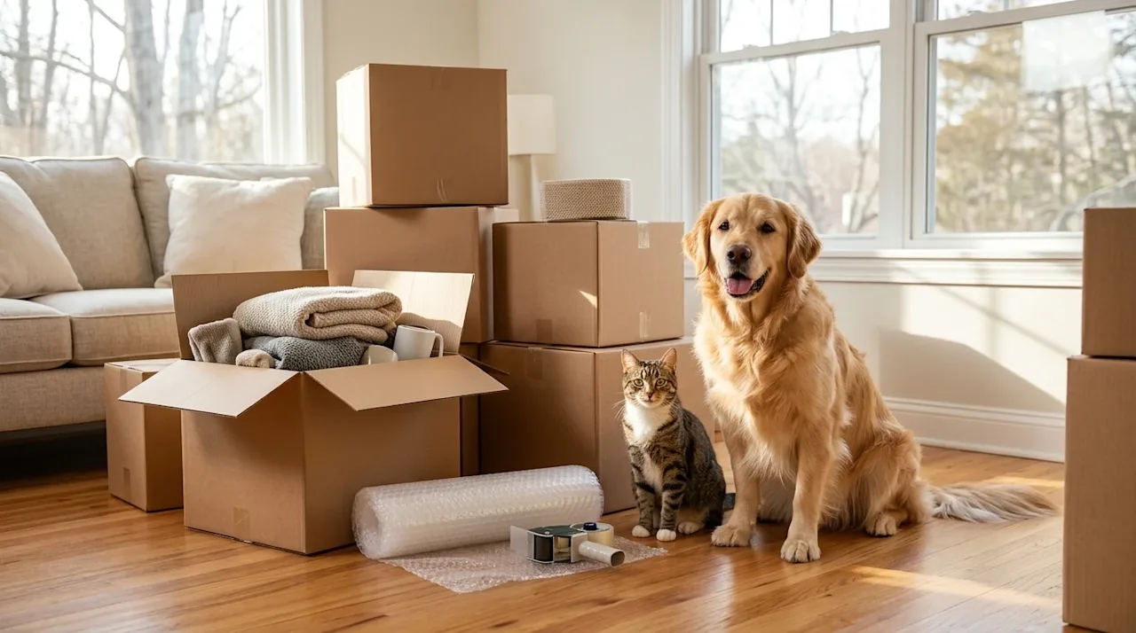 Commercial photography of a bright and inviting living room during the packing process for a residential move. A friendly gol