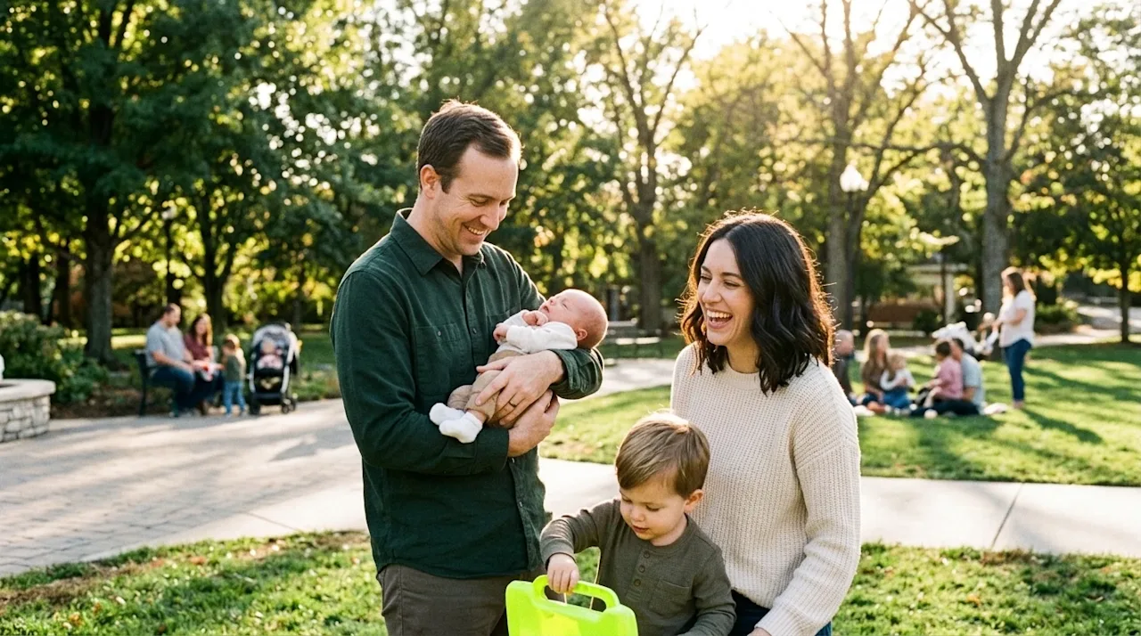 Candid, documentary-style 35mm film photography of a joyful family enjoying a sunny afternoon at a beautiful outdoor family v