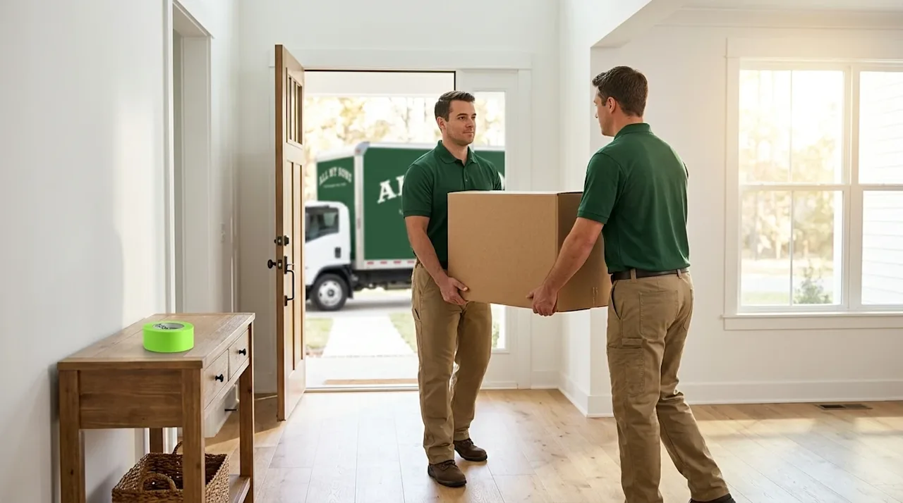 High-quality commercial lifestyle photography. Two professional movers expertly and carefully carrying a large cardboard movi