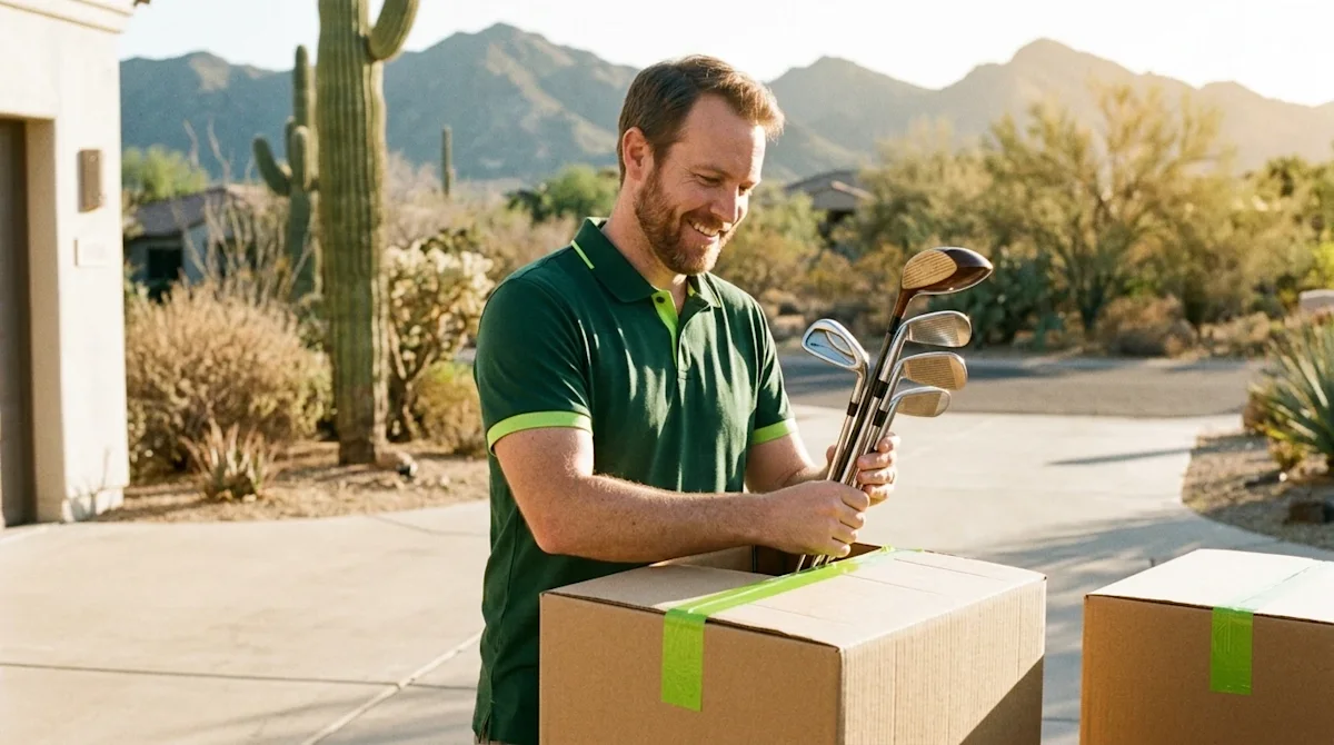 A warm, authentic lifestyle photograph shot on 35mm film. A smiling man is carefully packing a set of polished golf clubs int