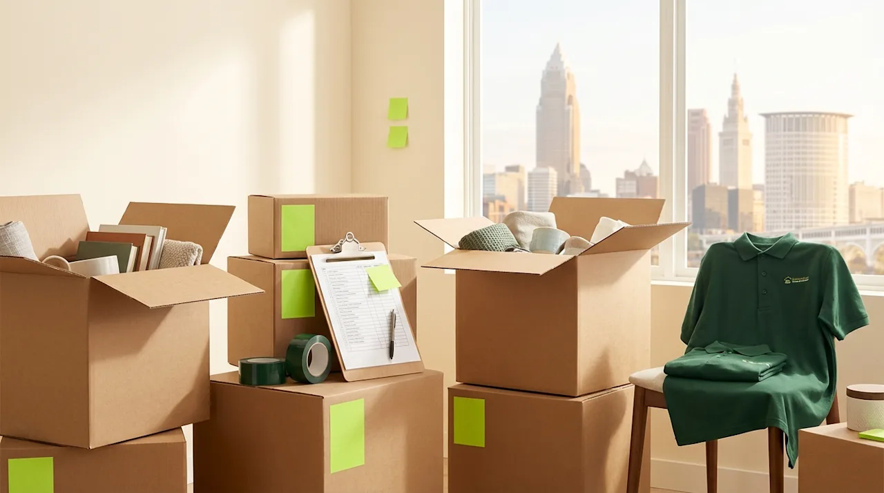 Organized moving boxes, checklist, and green uniforms in a bright room with a Cleveland city skyline view.