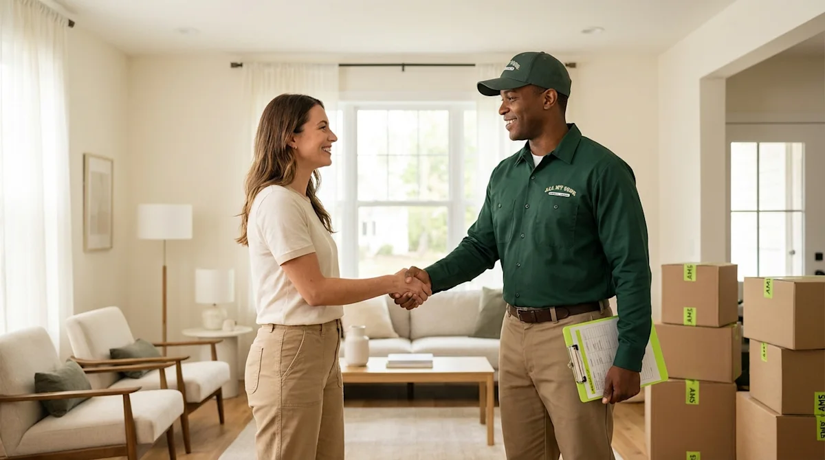 Professional mover shaking hands with a satisfied homeowner in a sunlit living room with packing boxes.
