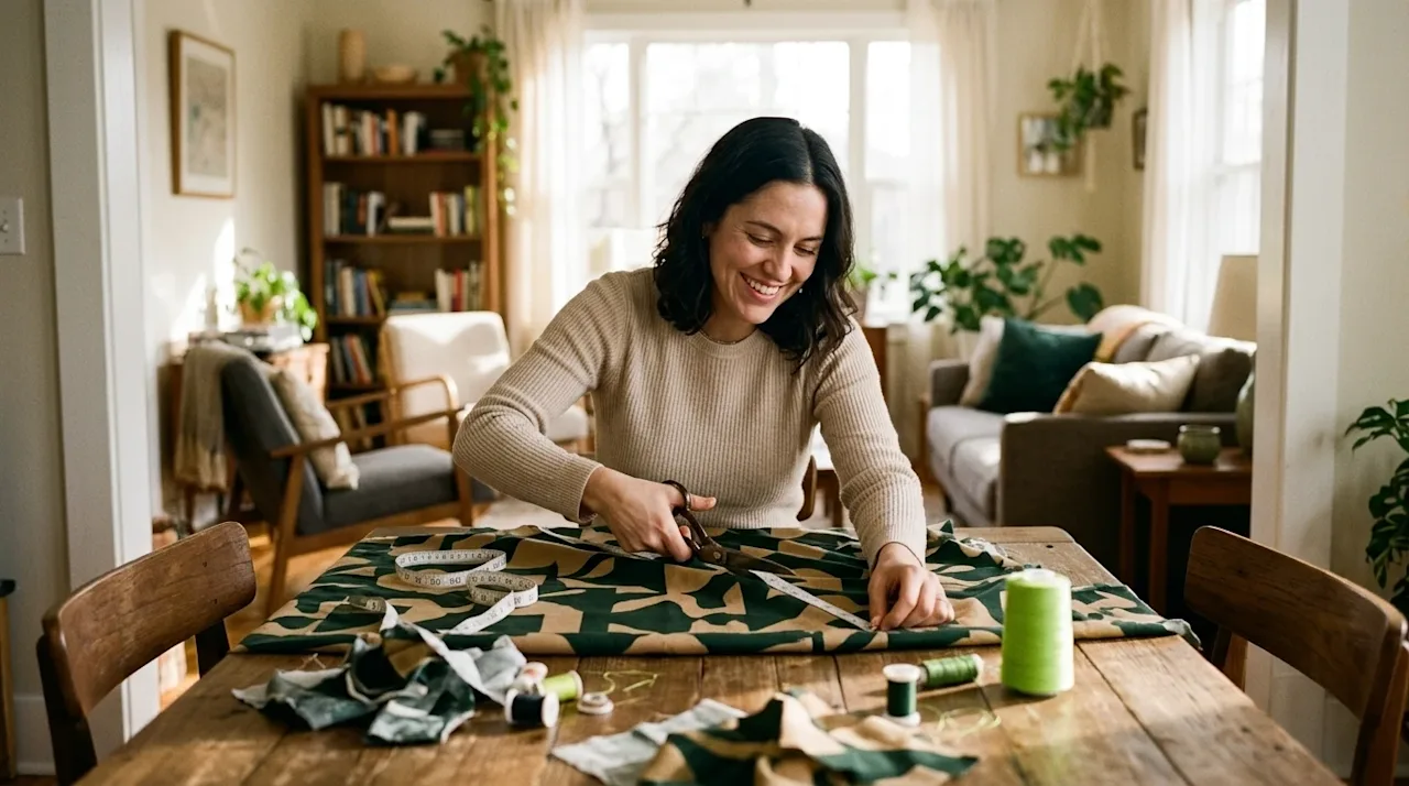High-quality lifestyle photography of a cozy, sunlit home interior where a person is happily engaged in a DIY fabric home dec