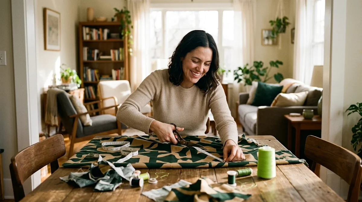 High-quality lifestyle photography of a cozy, sunlit home interior where a person is happily engaged in a DIY fabric home dec