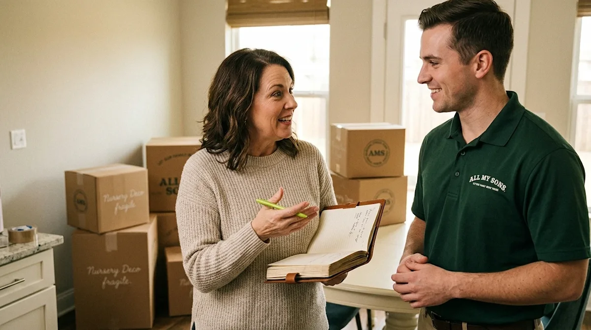 Authentic, candid lifestyle photography of a friendly homeowner holding a notebook and having a positive, engaging conversati