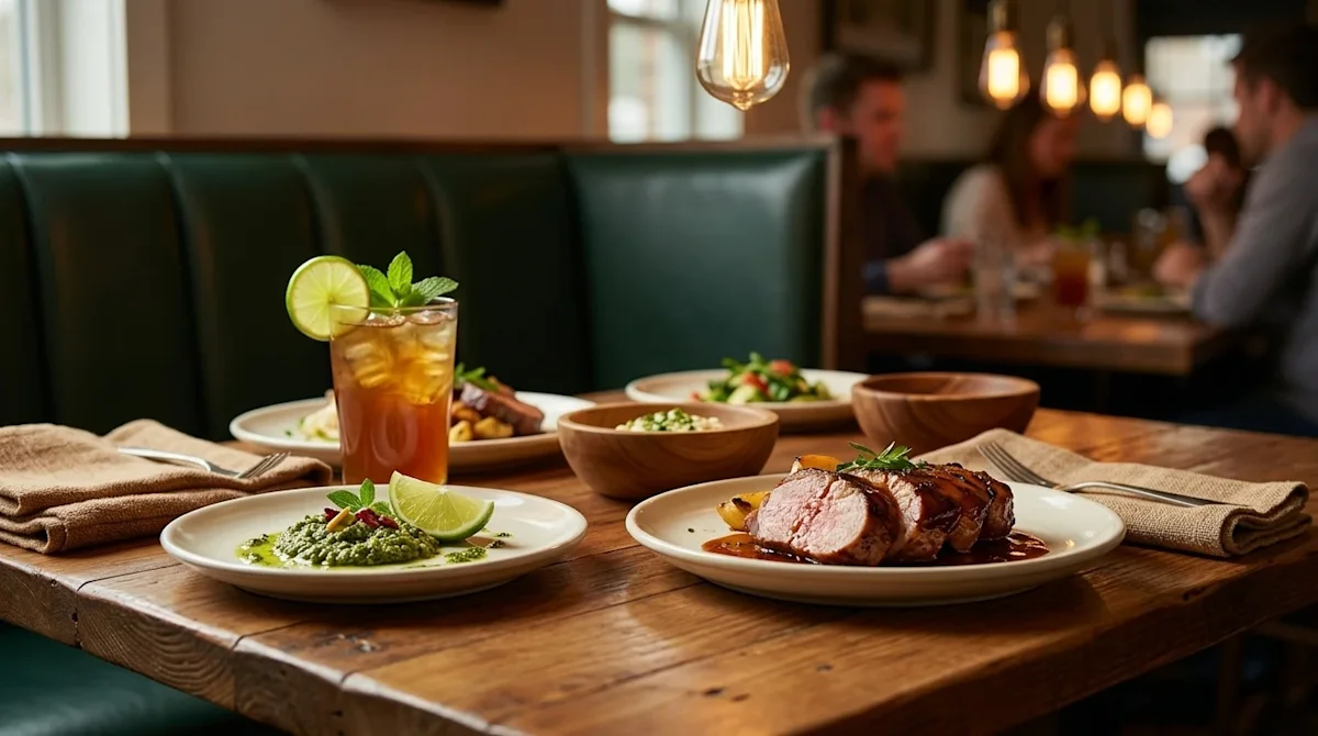 Clear, professional marketing photography of a vibrant and appetizing meal at a cozy, popular restaurant in Murfreesboro, Ten