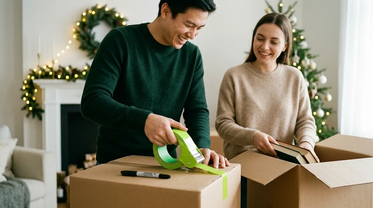 A candid, authentic 35mm film-style photograph of a cheerful couple packing brown cardboard moving boxes in a cozy, softly li