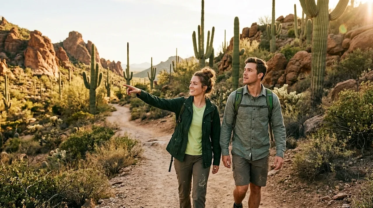 Authentic 35mm film photography of a couple hiking on a beautifully remote trail in the Sonoran Desert of Phoenix, Arizona. T