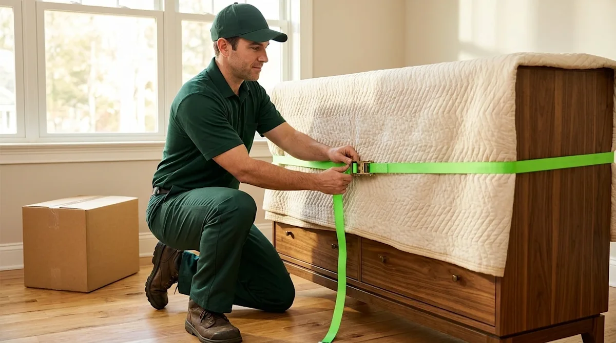 Professional marketing photography of a careful, professional mover safely preparing furniture for relocation. The mover, wea