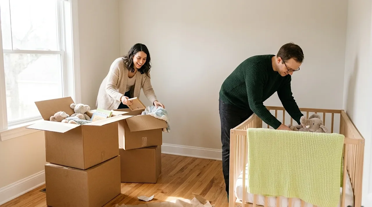 Candid, warm lifestyle photography of a family setting up their young child's new bedroom after a move. A mother and father a