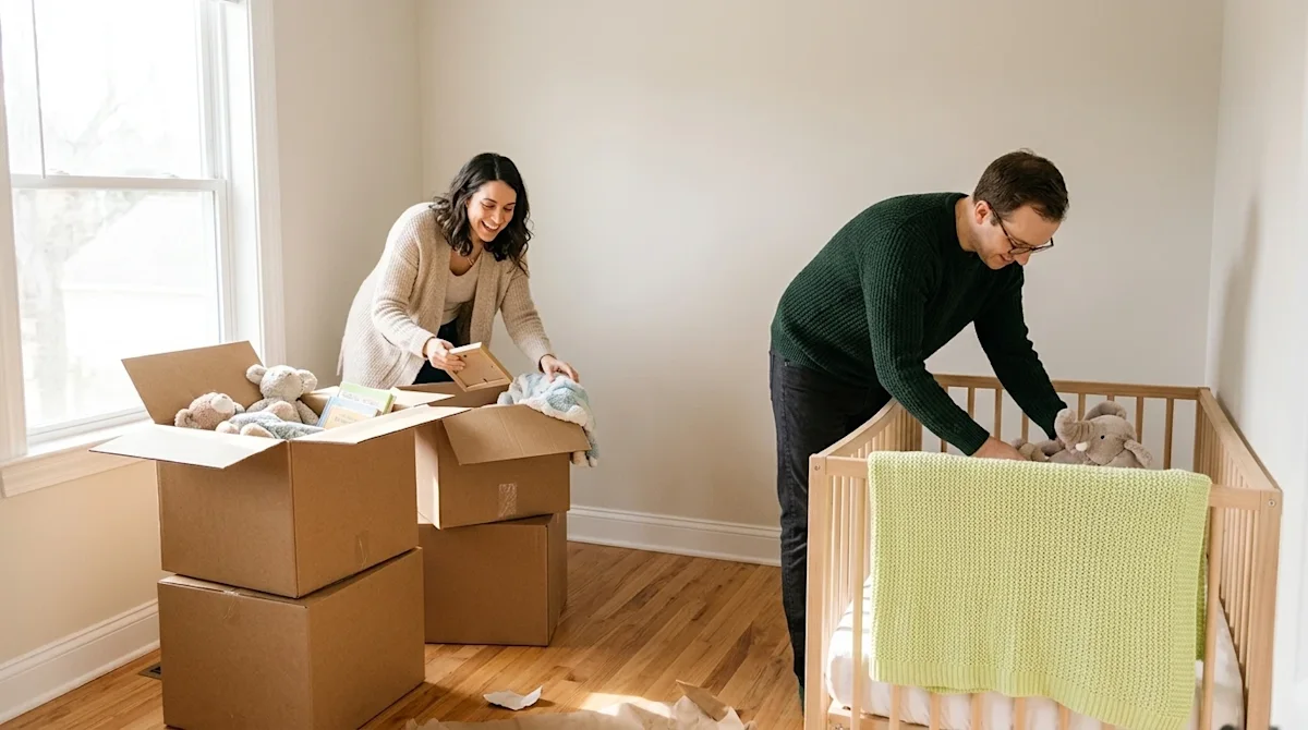 Candid, warm lifestyle photography of a family setting up their young child's new bedroom after a move. A mother and father a