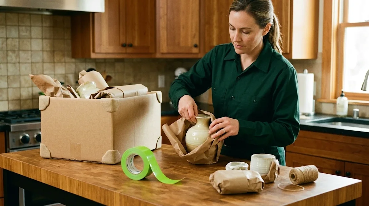 A candid, lifestyle photograph of a professional packer carefully wrapping delicate household items in a warm, inviting home