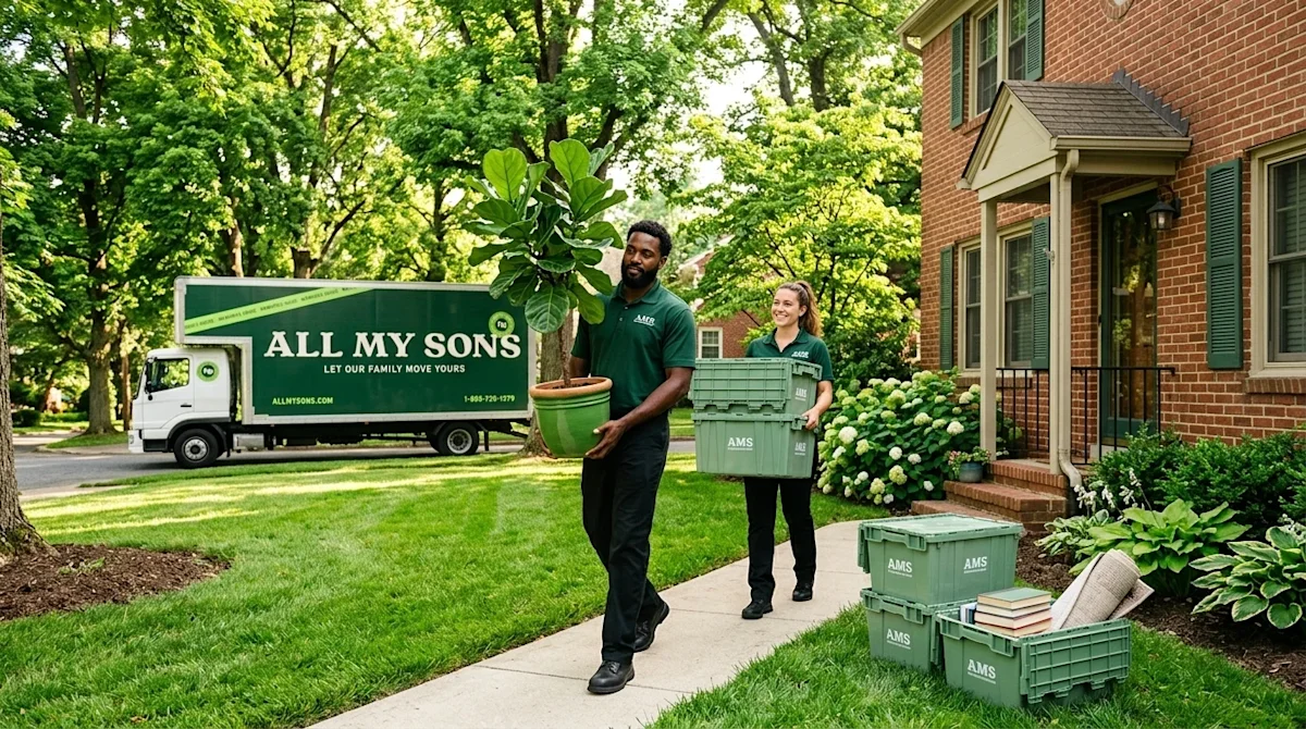 Candid, high-quality lifestyle photography of an eco-friendly residential moving day in a lush, verdant Maryland suburban nei