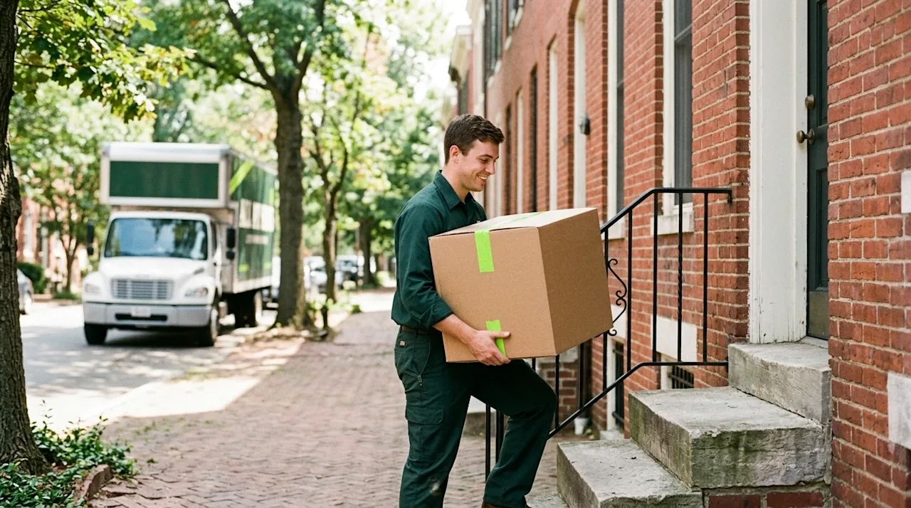 Candid lifestyle photography of a friendly professional mover carrying a sturdy kraft brown cardboard moving box up the front