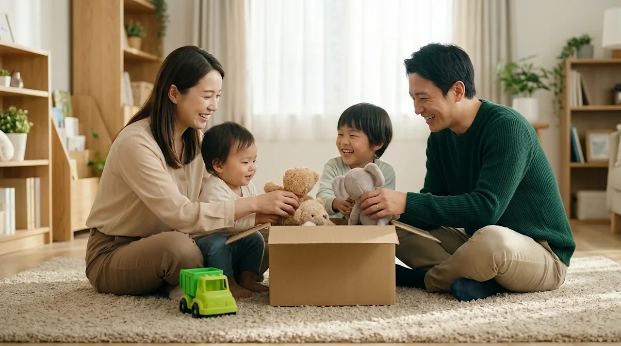 Clear and professional marketing lifestyle photography of a happy family with two young children preparing for a stress-free