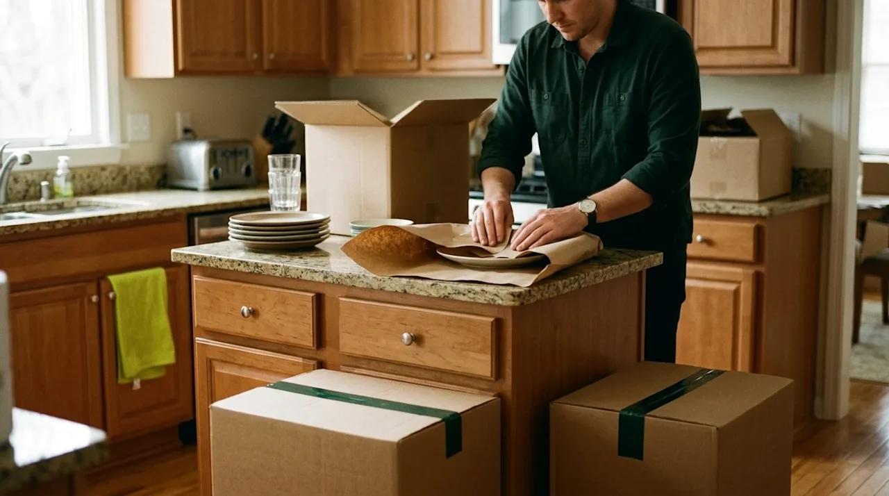 Candid lifestyle photography of a person carefully wrapping kitchen dishes in brown kraft packing paper at a warm, inviting k