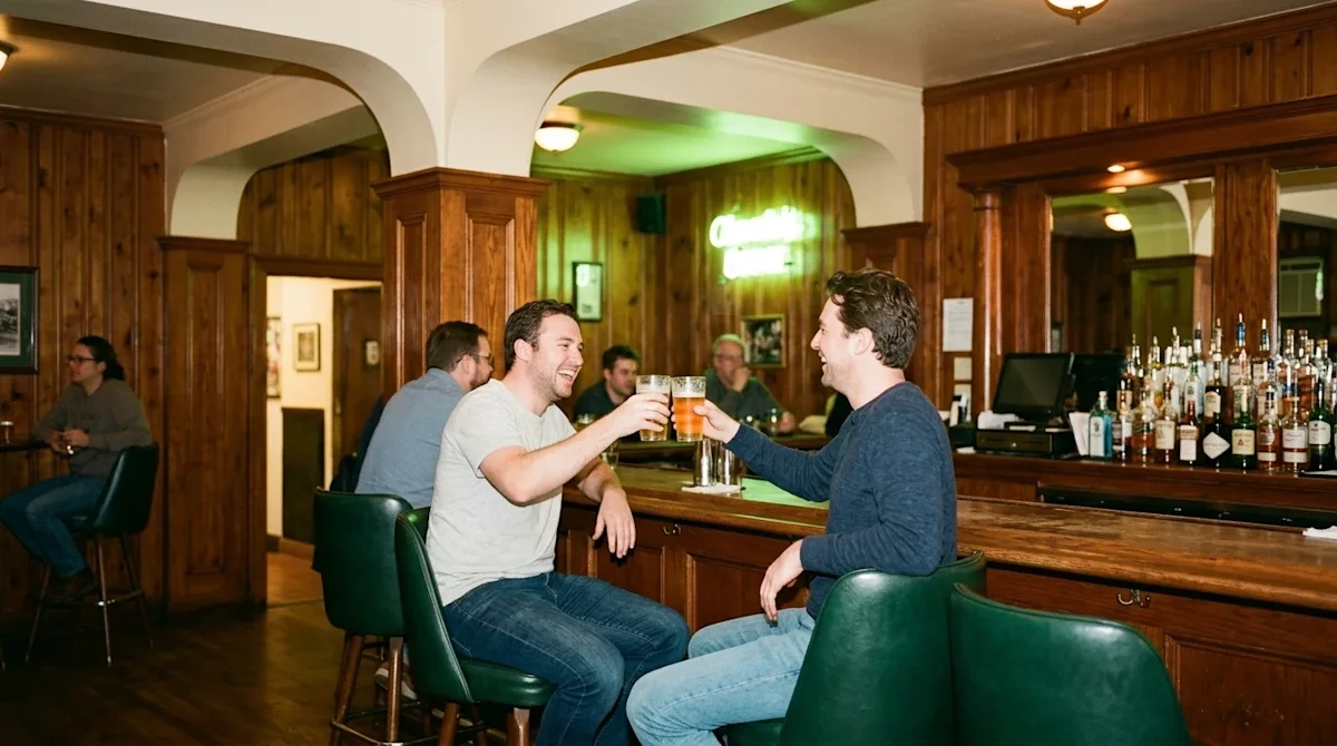 Candid 35mm film photography of a classic, cozy pub interior in Cleveland. The inviting scene features rich warm wood-paneled
