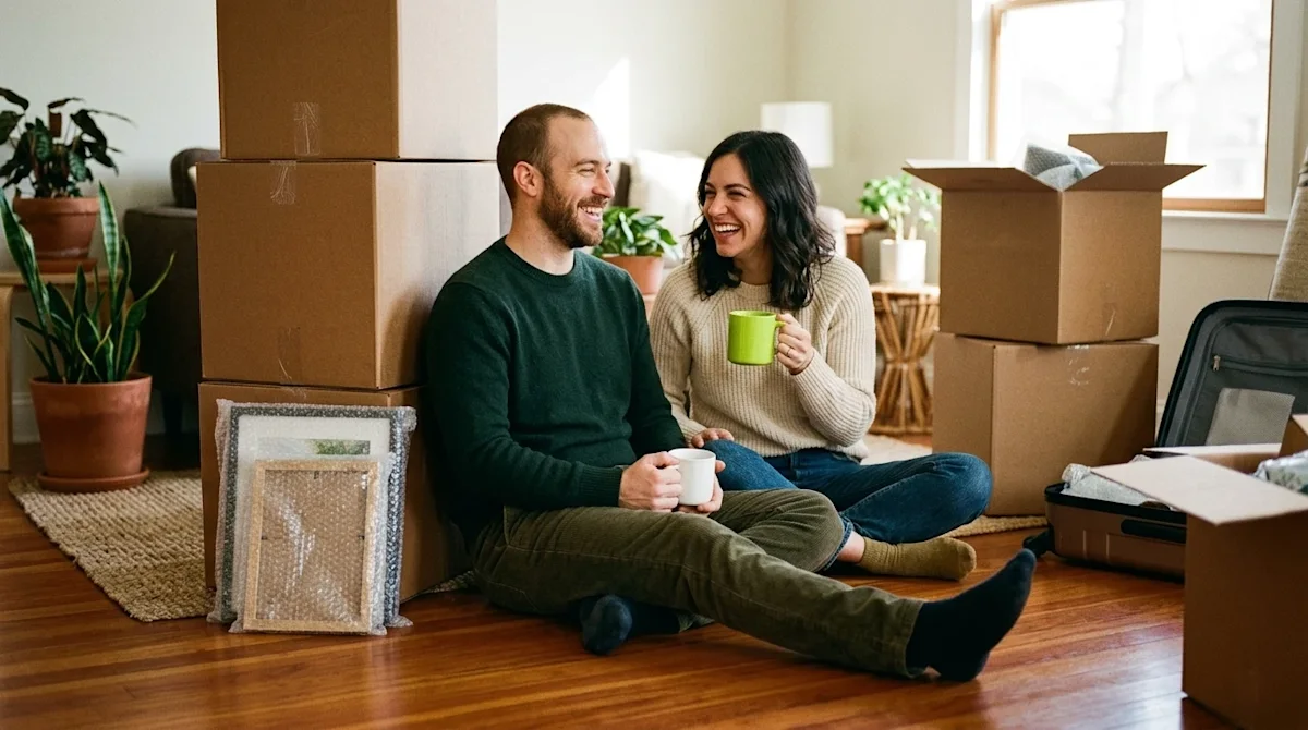 Candid, authentic lifestyle photography of a happy couple relaxing and enjoying their first week in a new home, sitting comfo
