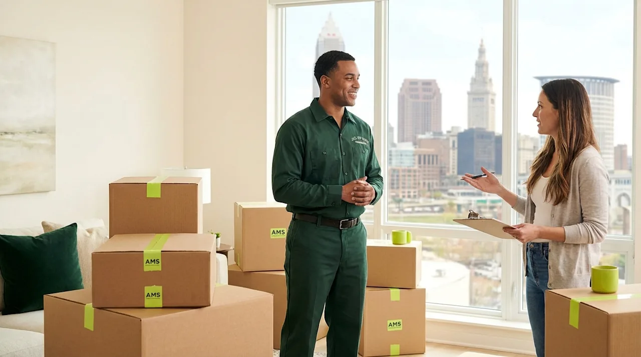 Professional mover consulting homeowner in bright Cleveland living room with boxes and skyline view.