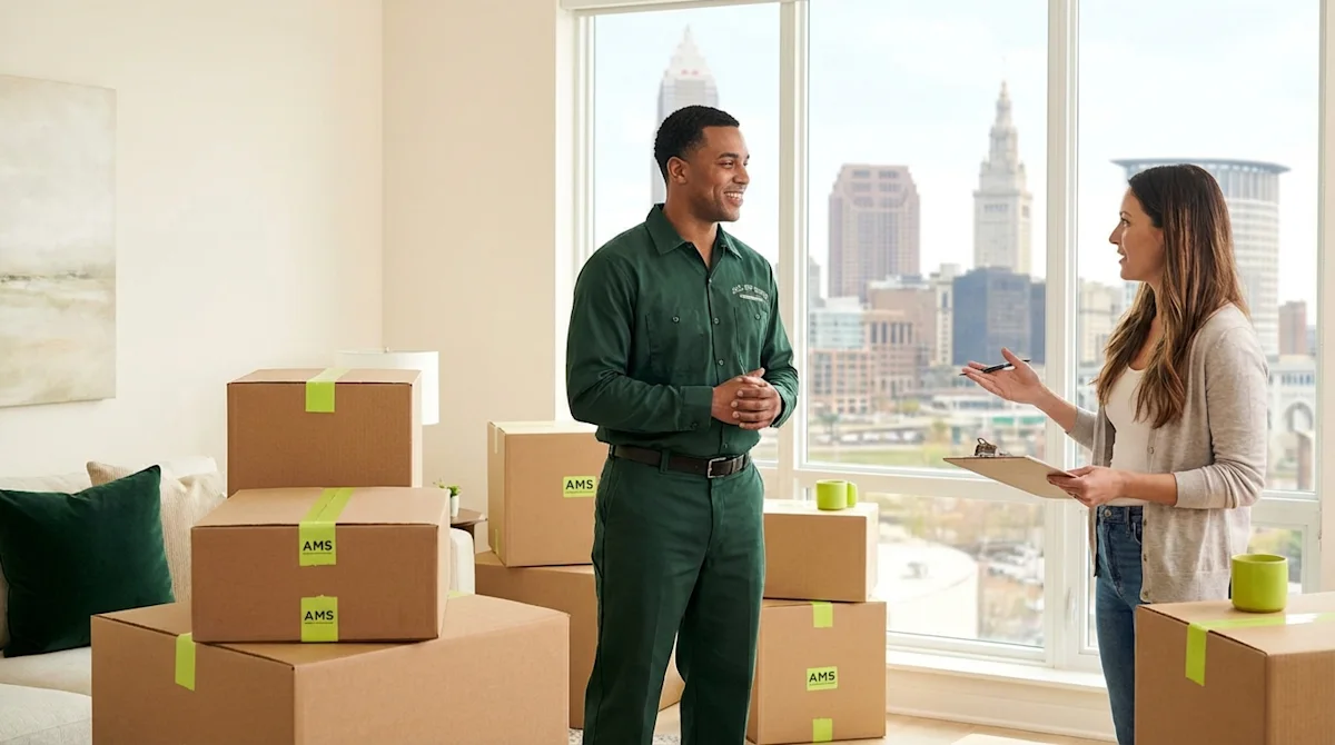 Professional mover consulting homeowner in bright Cleveland living room with boxes and skyline view.