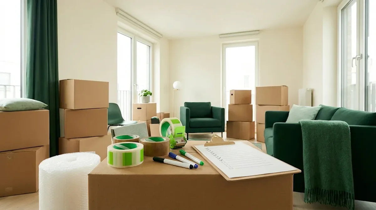 Professional moving setup with organized boxes, packing supplies, and a checklist in a modern green living room.