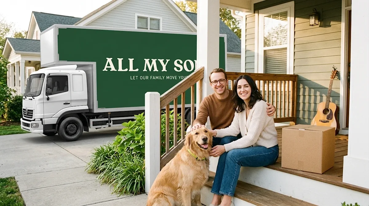 A warm, authentic lifestyle photograph of a happy young couple sitting on the front porch steps of a charming Nashville home,
