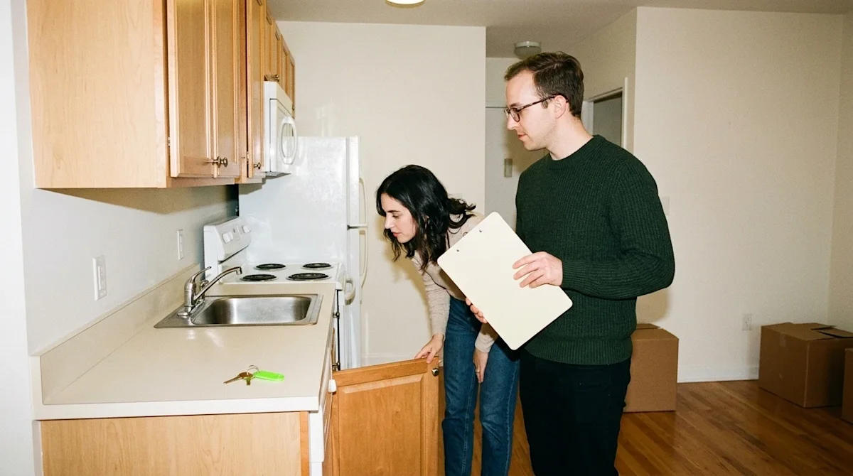 Candid 35mm film photography of a young couple conducting an apartment walkthrough in a bright, mostly empty apartment. The w