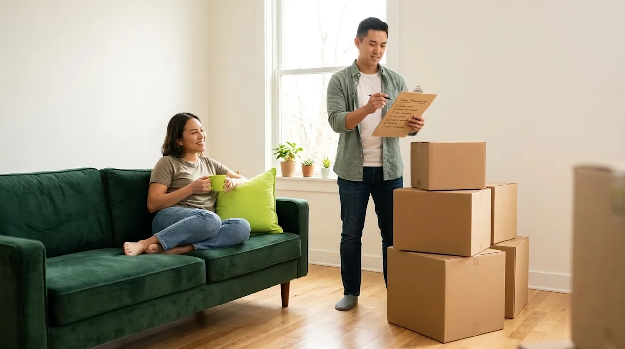 Clear, professional marketing photography of a happy couple in a bright, modern living room, capturing the transition of movi