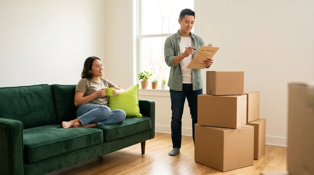 Clear, professional marketing photography of a happy couple in a bright, modern living room, capturing the transition of movi