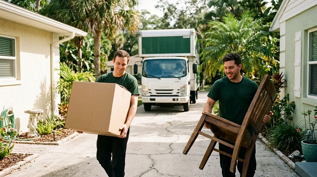 Candid 35mm film photography of two friendly professional movers clearing unwanted household items from a sunny driveway in Tampa, FL.