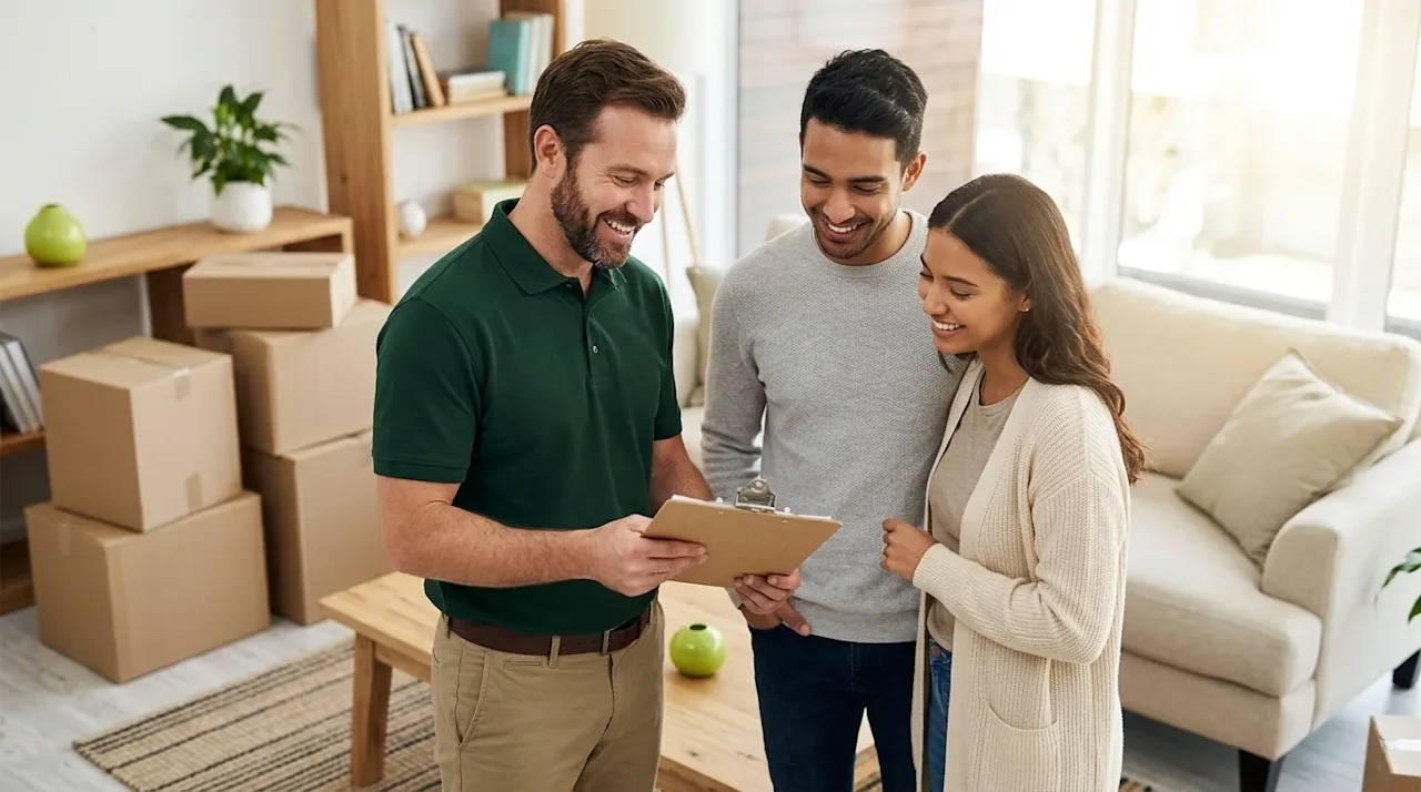 Clear, professional marketing photography. A medium shot of a friendly moving professional wearing a crisp dark forest green