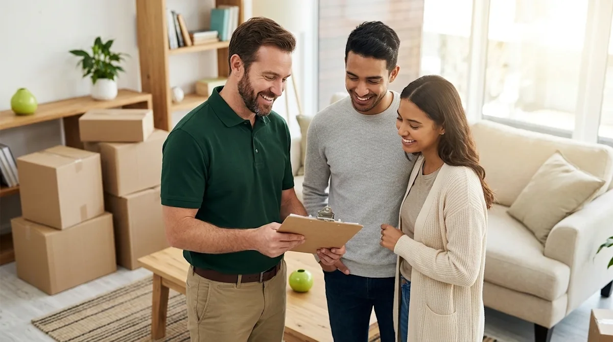 Clear, professional marketing photography. A medium shot of a friendly moving professional wearing a crisp dark forest green