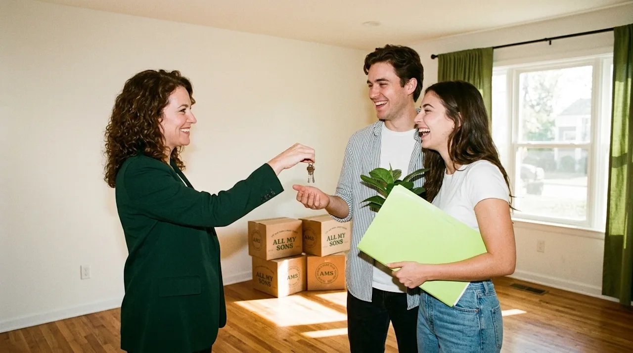 A candid, authentic lifestyle photograph of a friendly professional realtor smiling and handing a set of house keys to a happ