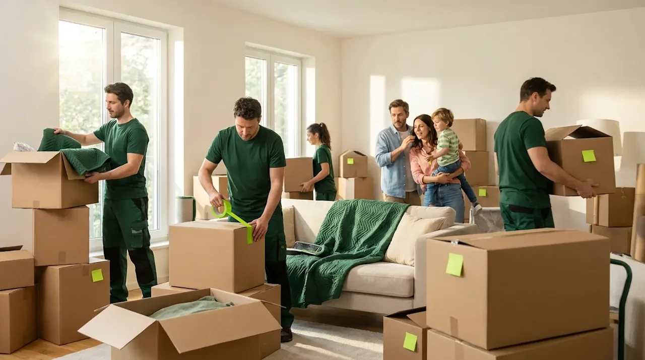 Professional movers in green uniforms packing cardboard boxes in a sunlit living room with lime green tape accents.