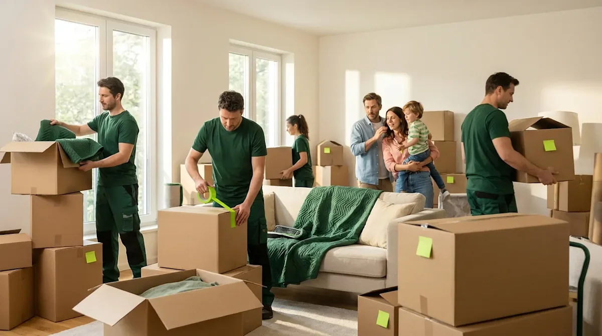 Professional movers in green uniforms packing cardboard boxes in a sunlit living room with lime green tape accents.