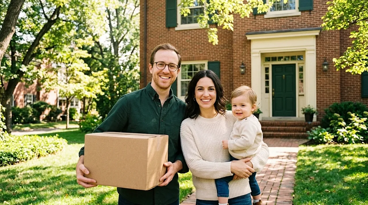 A happy young family with a toddler and a moving box standing in front of a traditional brick suburban home.