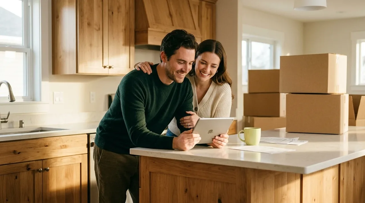 A candid 35mm film lifestyle photograph of a happy couple standing at a kitchen island in their newly purchased home, casuall
