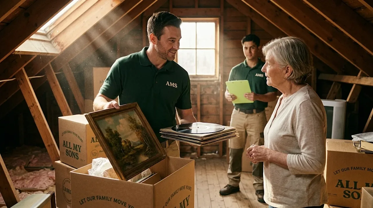 Professional marketing photography of a well-lit residential home attic, featuring warm cinematic lighting with sunbeams shin