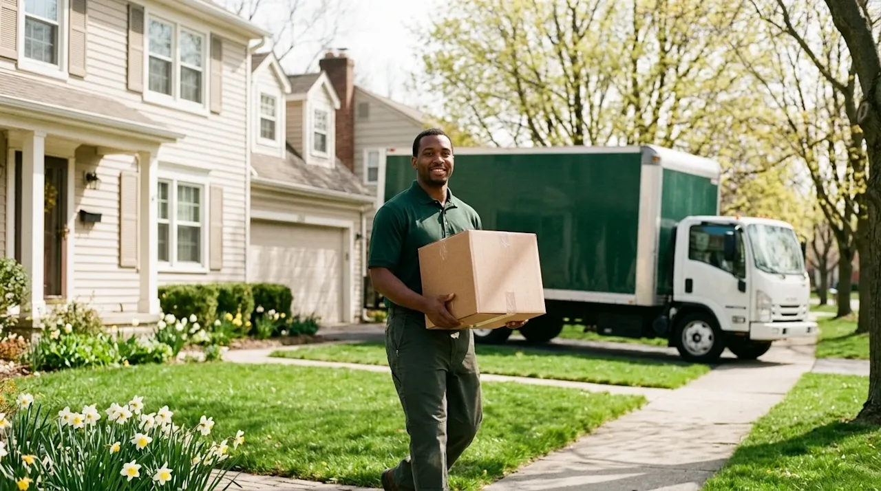 A high-quality, candid lifestyle photograph capturing a residential moving day in a charming Indianapolis neighborhood during
