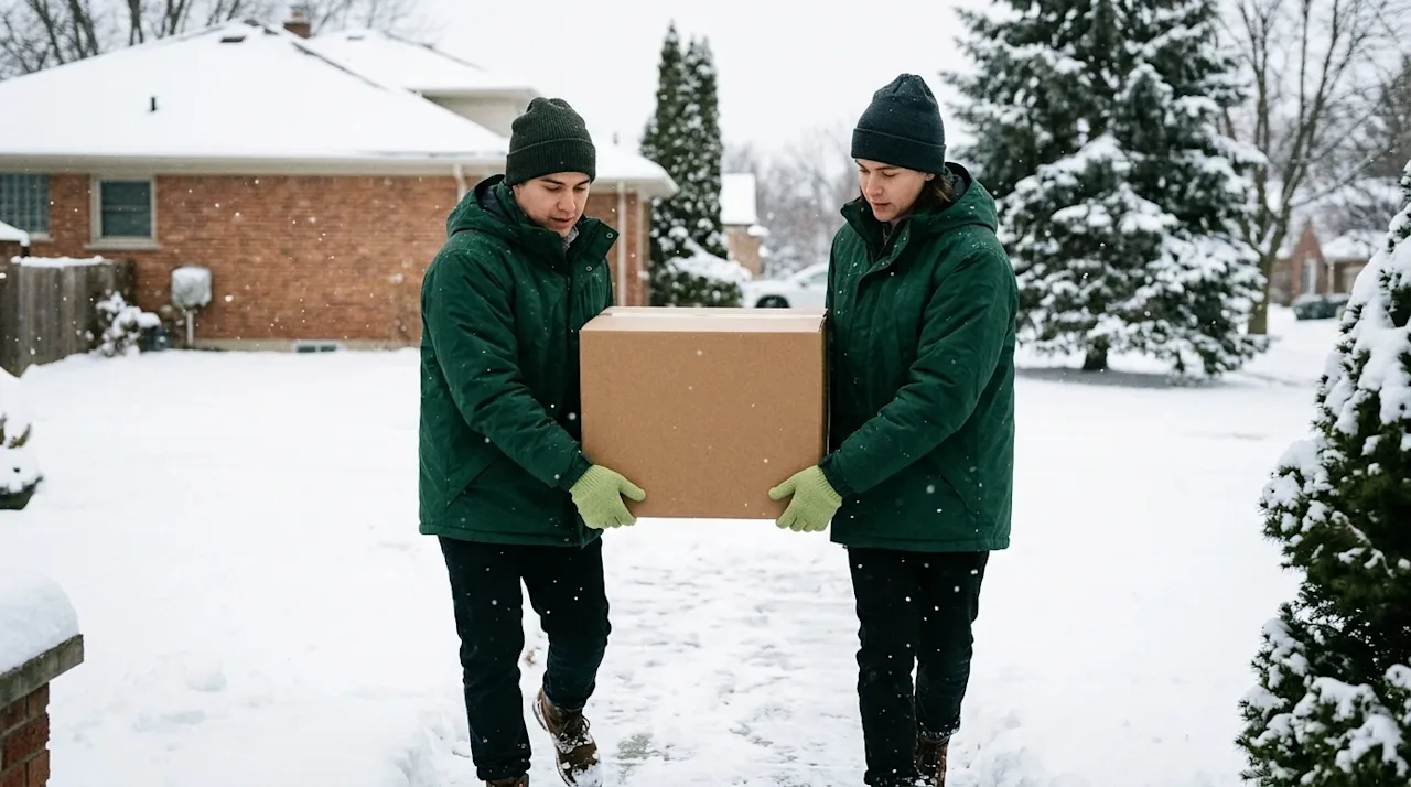 Candid lifestyle photography of a winter moving day. Two people bundled up in dark forest green winter jackets and light lime