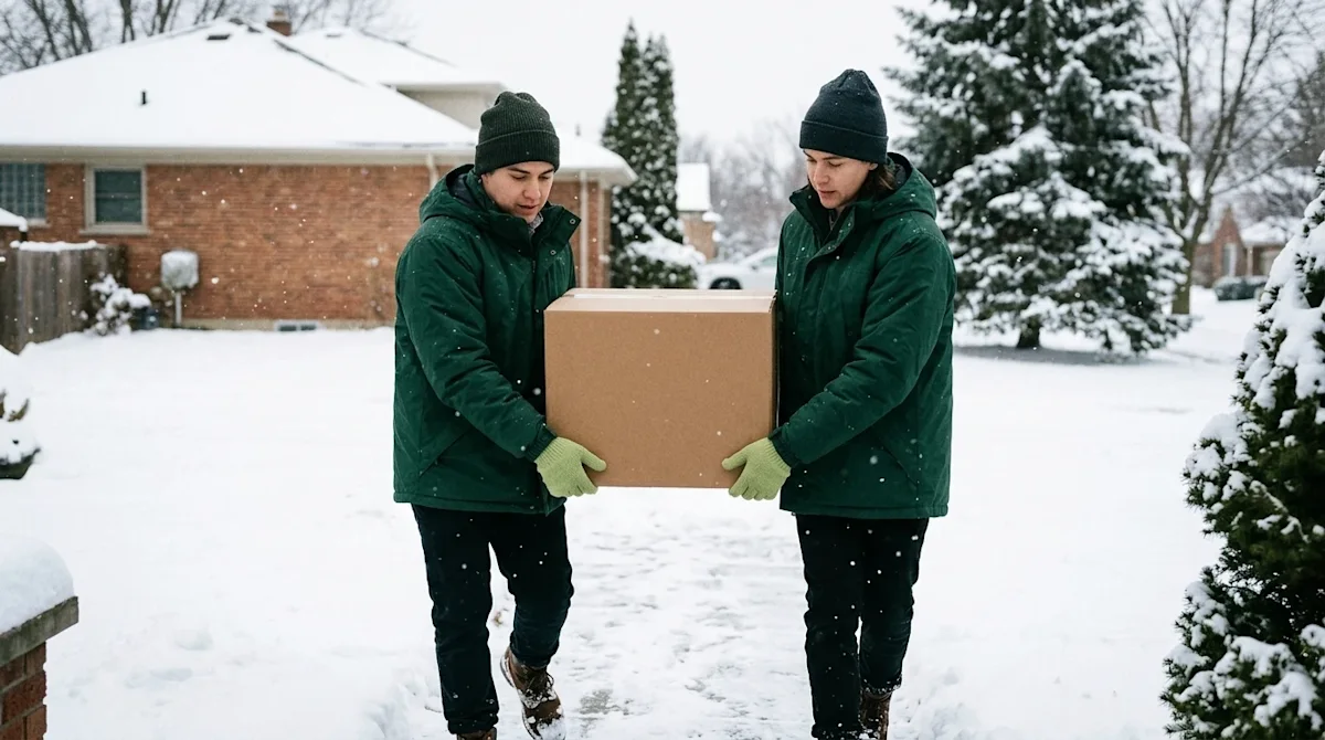 Candid lifestyle photography of a winter moving day. Two people bundled up in dark forest green winter jackets and light lime