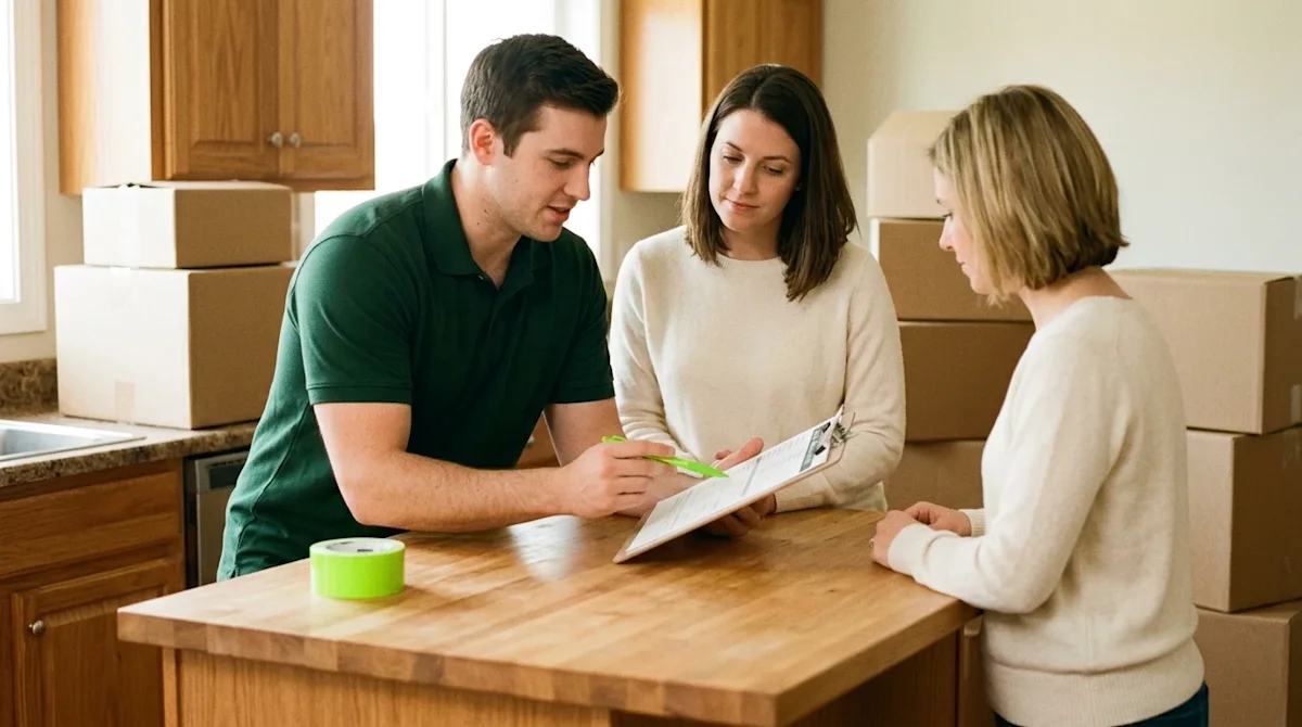 A candid, warm 35mm film photography style image of a friendly professional mover going over a moving checklist with a homeow