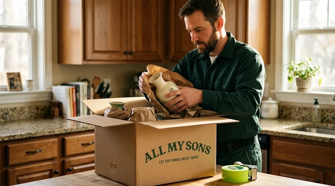 A high-quality, candid lifestyle photograph of a professional moving expert carefully packing delicate household items in a w