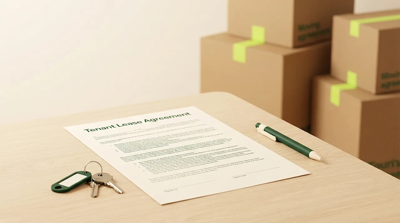 Tenant lease agreement on a wooden table with house keys and moving boxes in a minimalist cream and green setting.